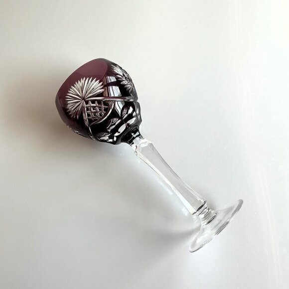 VINTAGE RUBY RED WINE GLASS GOBLET CUT-TO-CLEAR STAR  PINWHEEL PATTERN - Picture 2 of 9